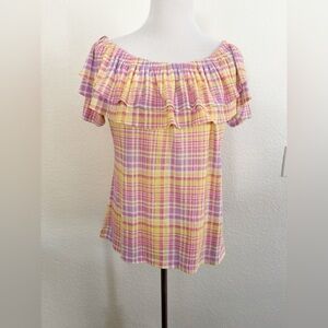 Charter Club Yellow and Pink Plaid Ruffle Blouse